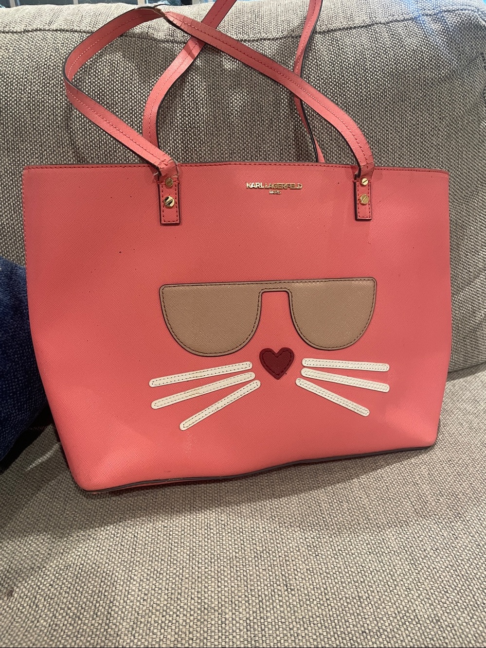 Karl Lagerfeld Coral Pink Cat Tote with Brown Sunglasses Detail